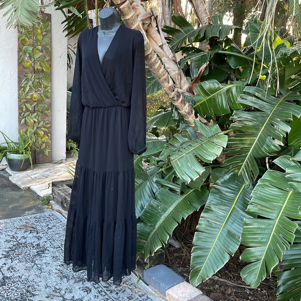 City chic, sheer Black Maxi Dress with tiered skirt